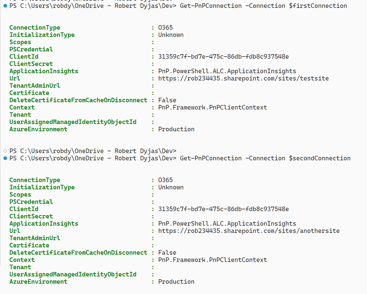 Return from Get-PnPConnection showing both sites
